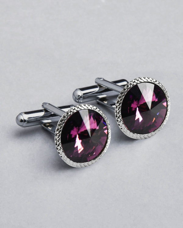 Silver with Border Engraved Purple Diamond Shaped Stone Cufflinks CL40