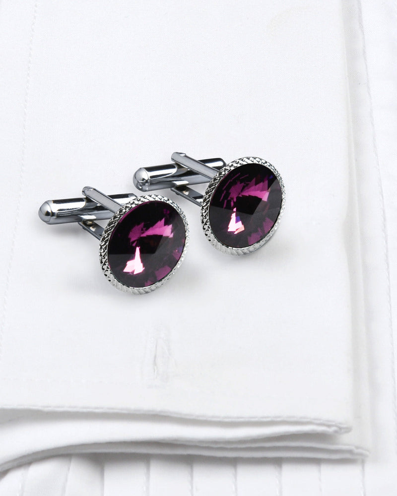 Silver with Border Engraved Purple Diamond Shaped Stone Cufflinks