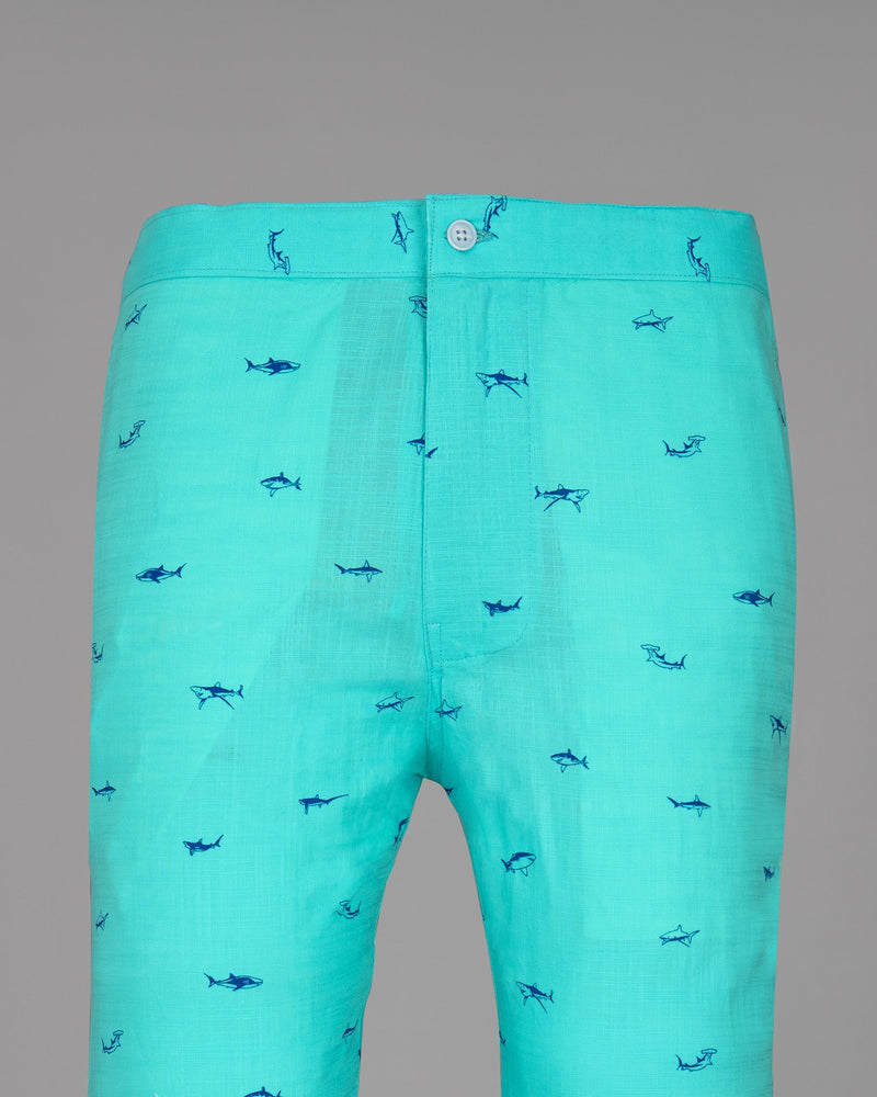 Bright Turquoise Shark Printed Luxurious Linen Lounge Pant LP157-28, LP157-30, LP157-32, LP157-34, LP157-36, LP157-38, LP157-40, LP157-42, LP157-44