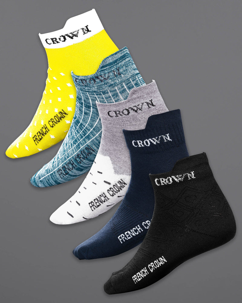 Pack of 5: Sunny Yellow with polka dot, Deep Teal Blue Striped, Navy Blue, And Black Premium Combed Cotton Ankle Length Socks SOC001