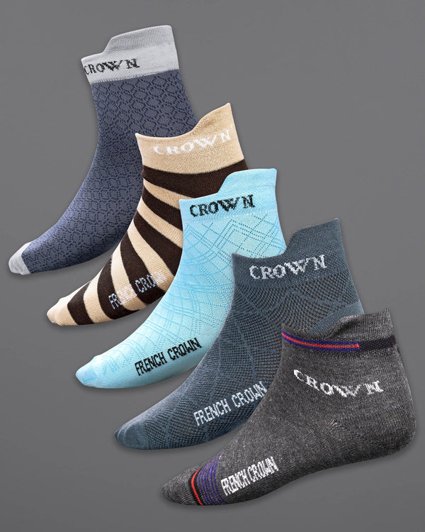 Pack of 5: Mobster Grey, Maize, Deep Coffee Brown Stripped, Blizzard Blue, And Grey Premium Combed Cotton Ankle Length Socks SOC002