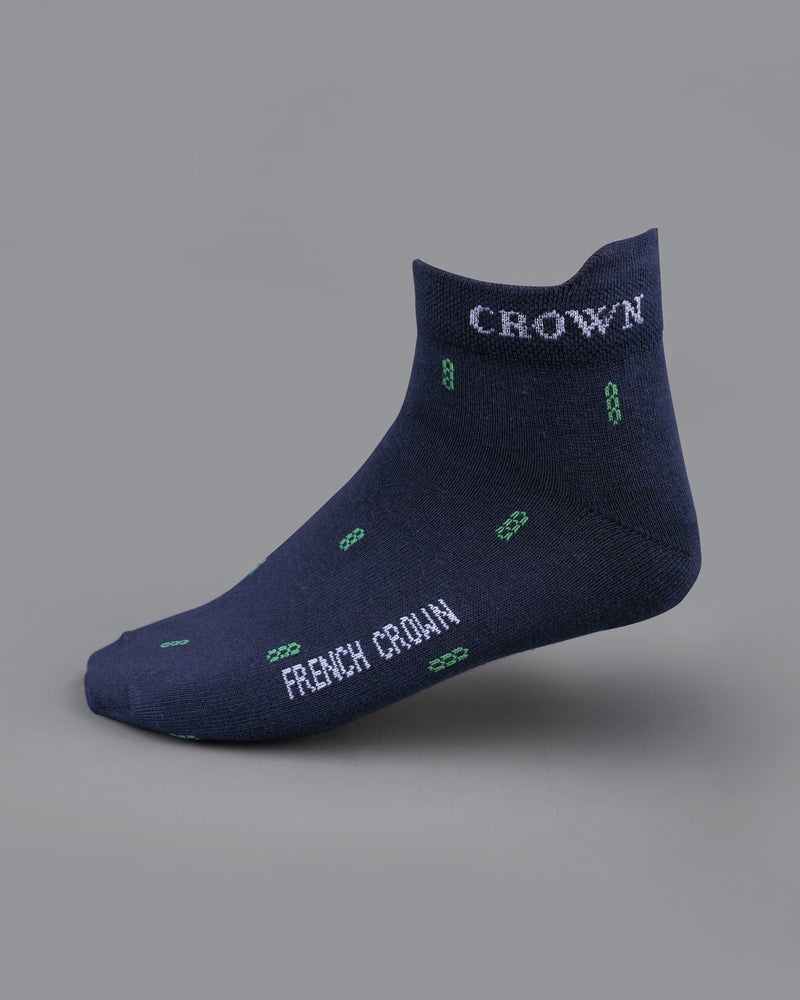 Pack of 5: Navy Blue, Melon Pink, Olive Green, And Grey with Green Greek Key Patterned Premium Combed Cotton Ankle and No-show Length Socks SOC005