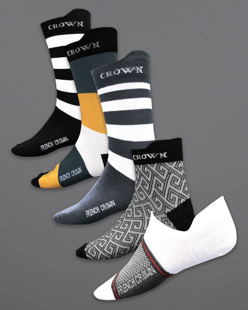 Pack of 5: white with black Stripped, gray with Black Stripped, Grey with Green Greek Key Patterned, And White Premium Combed Cotton Ankle, No-show and Crew length Socks SOC006