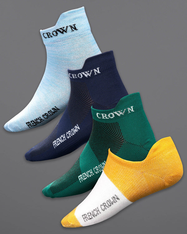 Pack of 4: Sky Blue, Navy Blue, Yellow, and green textured Premium Combed Cotton Ankle Length And No-Show socks SOC007