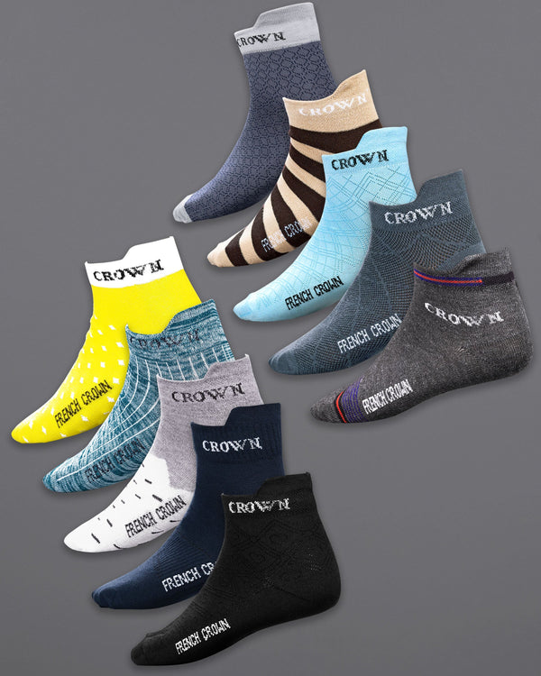 Pack of 10 Socks: Black, Gray, Sunny Yellow with polka dot, Blue Maize, and Deep Coffee Brown Stripped Premium Combed Cotton Ankle Length Socks SOC008