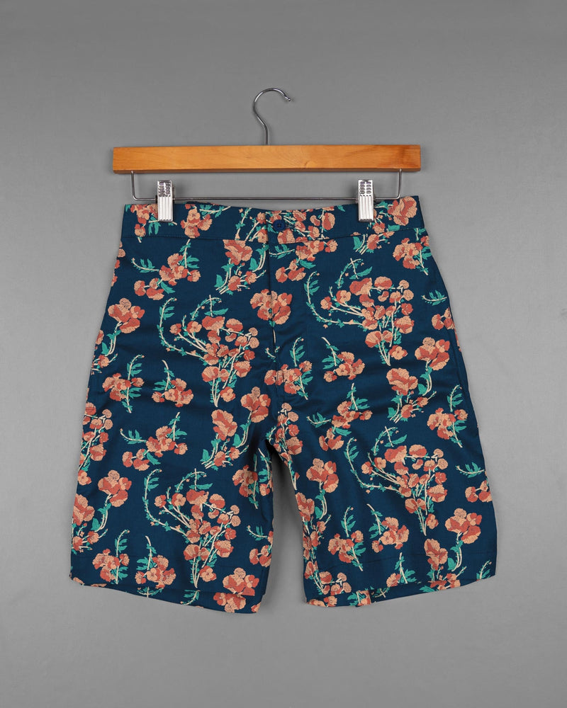 Firefly Blue Floral Printed Premium Linen Shorts SR113-28, SR113-30, SR113-32, SR113-34, SR113-36, SR113-38, SR113-40, SR113-42, SR113-44