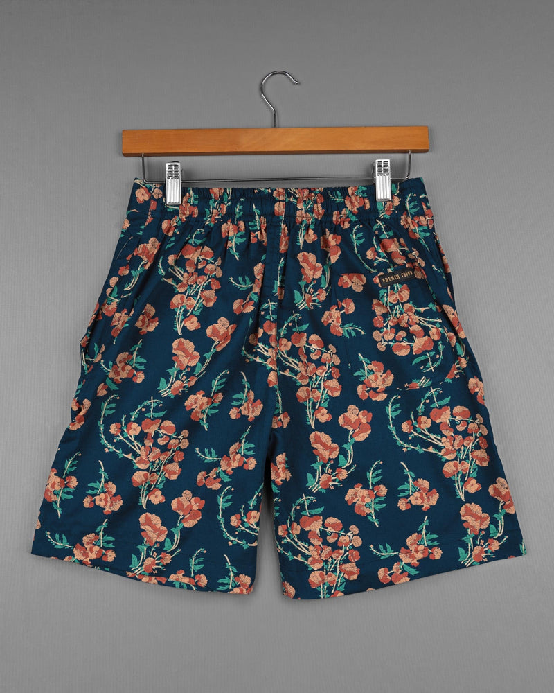 Firefly Blue Floral Printed Premium Linen Shorts SR113-28, SR113-30, SR113-32, SR113-34, SR113-36, SR113-38, SR113-40, SR113-42, SR113-44