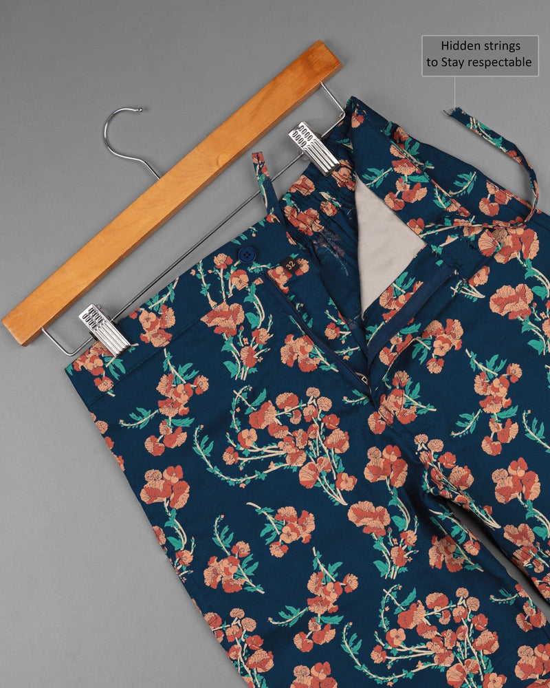 Firefly Blue Floral Printed Premium Linen Shorts SR113-28, SR113-30, SR113-32, SR113-34, SR113-36, SR113-38, SR113-40, SR113-42, SR113-44