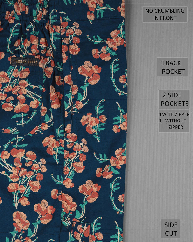 Firefly Blue Floral Printed Premium Linen Shorts SR113-28, SR113-30, SR113-32, SR113-34, SR113-36, SR113-38, SR113-40, SR113-42, SR113-44