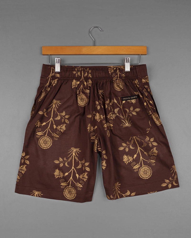 Cork Brown Golden Leaves Printed Premium Cotton Shorts SR114-28, SR114-30, SR114-32, SR114-34, SR114-36, SR114-38, SR114-40, SR114-42, SR114-44