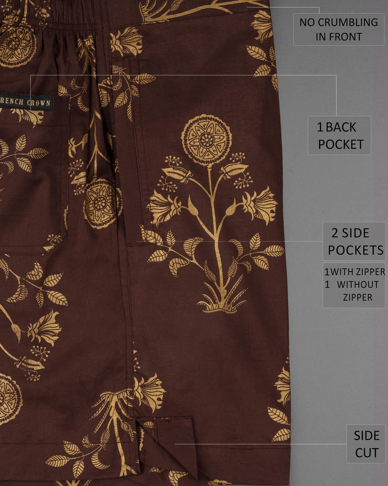 Cork Brown Golden Leaves Printed Premium Cotton Shorts SR114-28, SR114-30, SR114-32, SR114-34, SR114-36, SR114-38, SR114-40, SR114-42, SR114-44