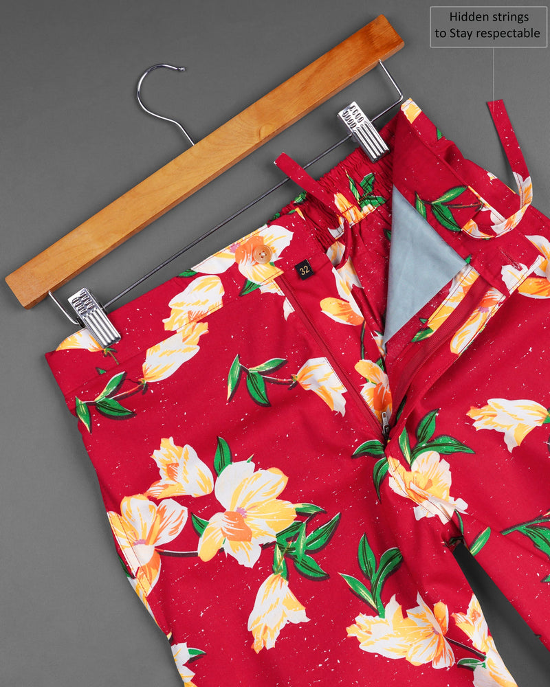 Crimson Red Floral Printed Premium Cotton Designer Shorts SR159-28, SR159-30, SR159-32, SR159-34, SR159-36, SR159-38, SR159-40, SR159-42, SR159-44