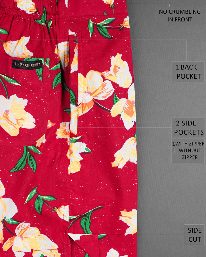 Crimson Red Floral Printed Premium Cotton Designer Shorts SR159-28, SR159-30, SR159-32, SR159-34, SR159-36, SR159-38, SR159-40, SR159-42, SR159-44