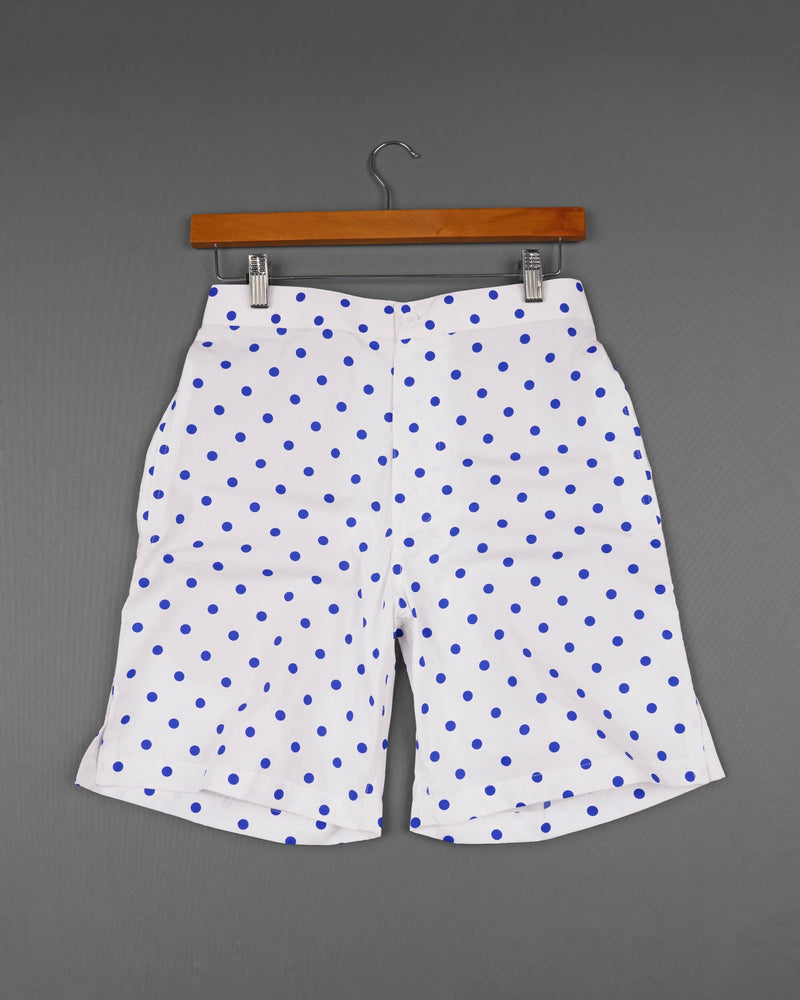 White with Cerulean Blue Polka Printed Premium Cotton Shorts SR131-28, SR131-30, SR131-32, SR131-34, SR131-36, SR131-38, SR131-40, SR131-42, SR131-44