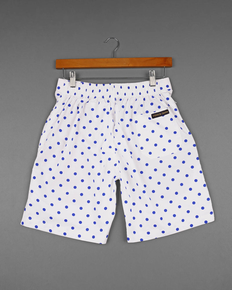 White with Cerulean Blue Polka Printed Premium Cotton Shorts SR131-28, SR131-30, SR131-32, SR131-34, SR131-36, SR131-38, SR131-40, SR131-42, SR131-44