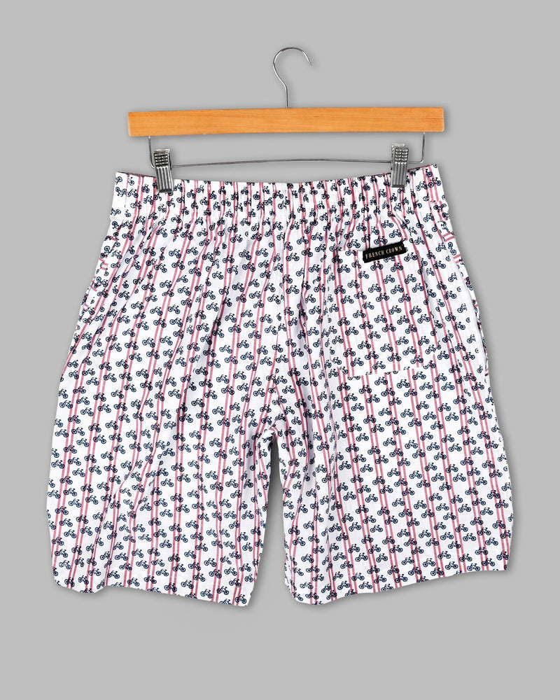 Bright White Striped and Bicycle Printed Premium Cotton Shorts SR74-32, SR74-28, SR74-30, SR74-34, SR74-36, SR74-38, SR74-40, SR74-42, SR74-44