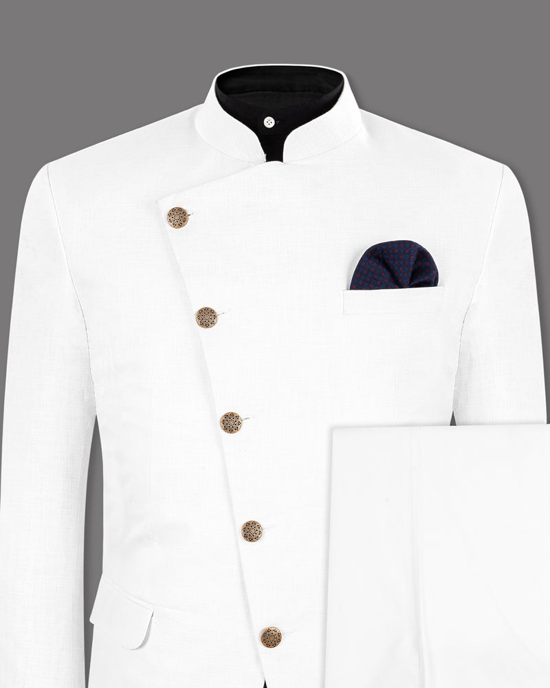 BRIGHT WHITE LUXURIOUS LINEN BANDHGALA/MANDARIN CROSS BUTTONED PERFORMANCE SUIT