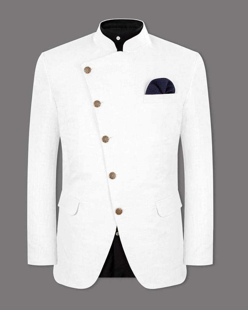 BRIGHT WHITE LUXURIOUS LINEN BANDHGALA/MANDARIN CROSS BUTTONED PERFORMANCE SUIT