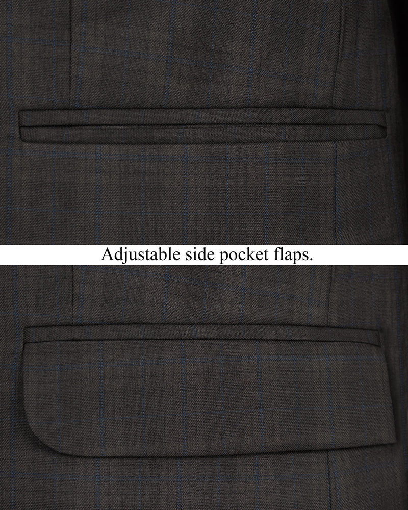 Thunder brown Plaid Cross Buttoned Bandhgala Wool Rich Suit