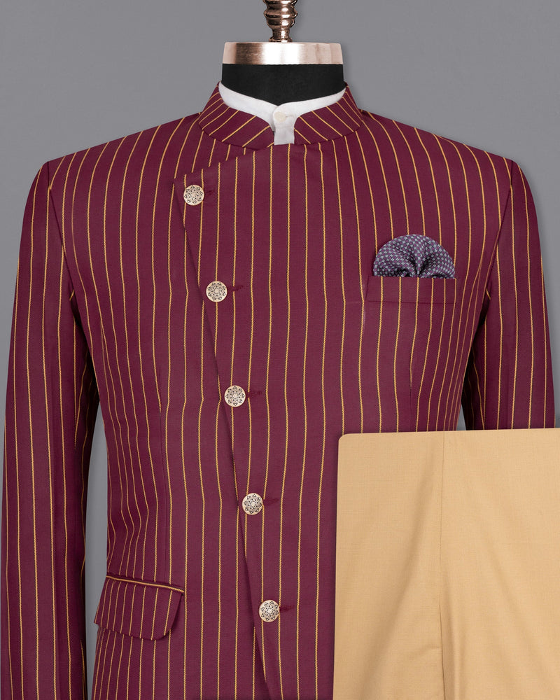 Paprika Maroon Striped Cross Button Wool Rich Bandhgala Suit ST1517-CBG-36, ST1517-CBG-38, ST1517-CBG-40, ST1517-CBG-42, ST1517-CBG-44, ST1517-CBG-46, ST1517-CBG-48, ST1517-CBG-50, ST1517-CBG-52, ST1517-CBG-54, ST1517-CBG-56, ST1517-CBG-58, ST1517-CBG-60