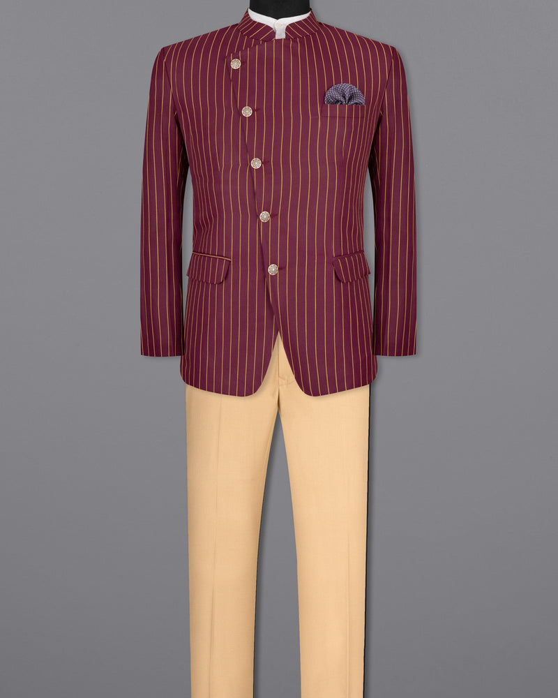 Paprika Maroon Striped Cross Button Wool Rich Bandhgala Suit ST1517-CBG-36, ST1517-CBG-38, ST1517-CBG-40, ST1517-CBG-42, ST1517-CBG-44, ST1517-CBG-46, ST1517-CBG-48, ST1517-CBG-50, ST1517-CBG-52, ST1517-CBG-54, ST1517-CBG-56, ST1517-CBG-58, ST1517-CBG-60