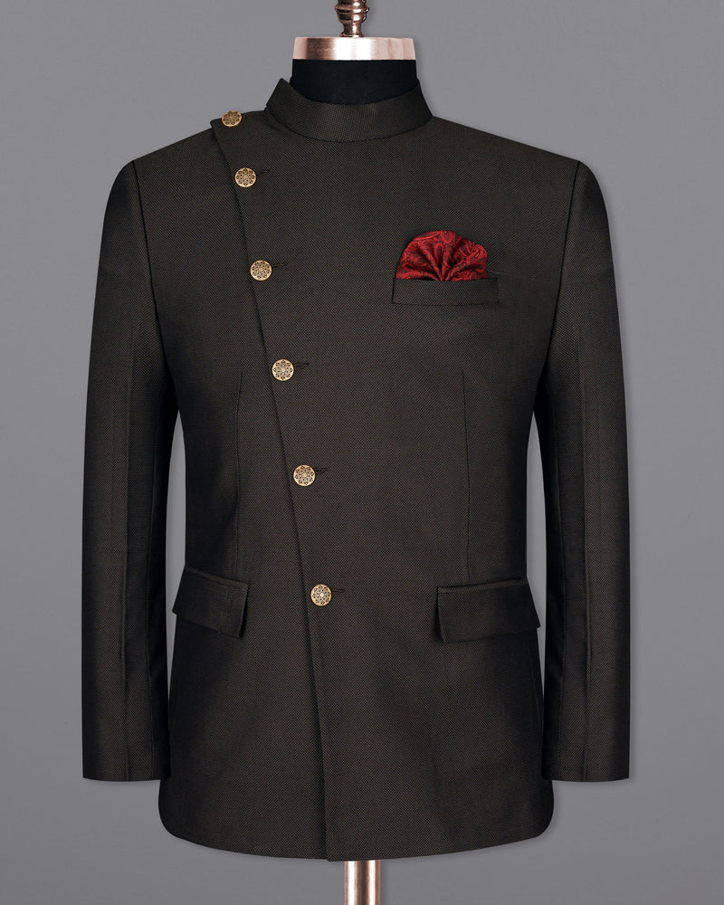 Blackish Brown Cross Buttoned Wool Rich Bandhgala Suit