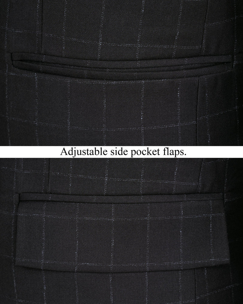 Log Cabin Black Super fine  Windowpane Cross Buttoned Wool Rich Bandhgala Suit