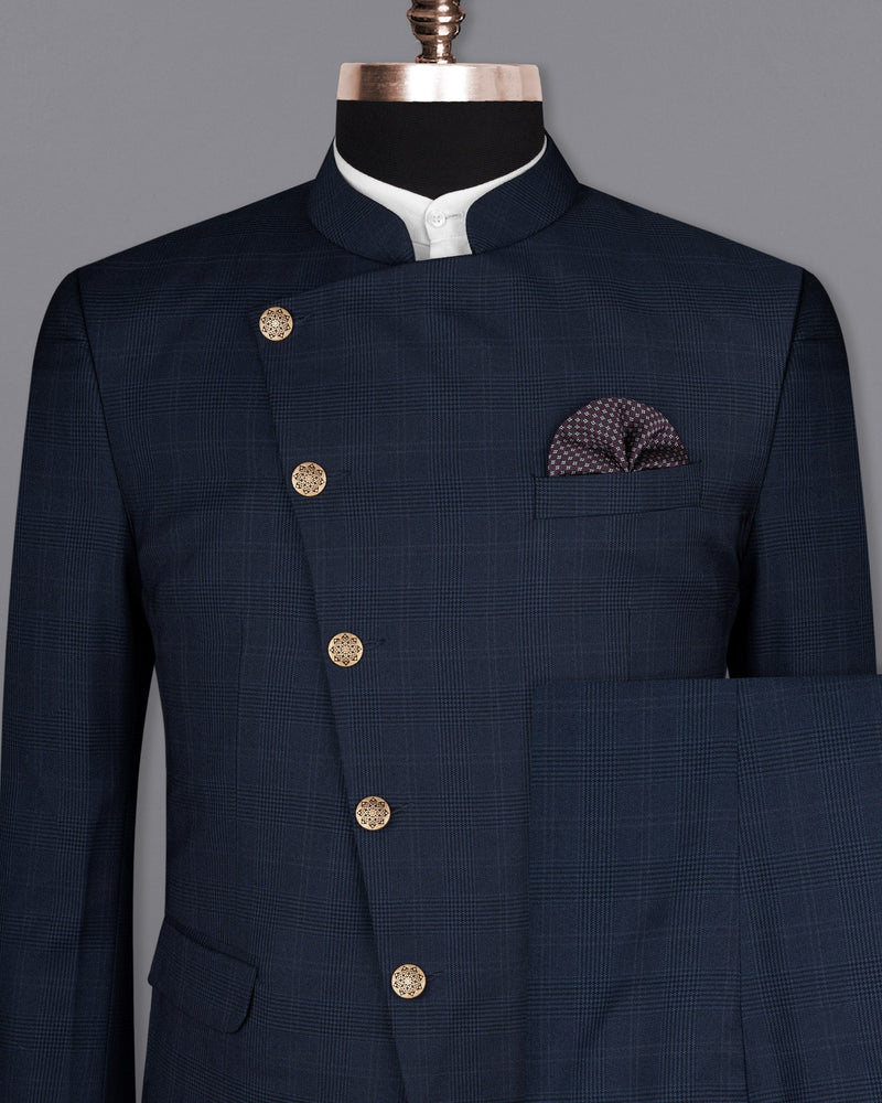 Cloud Burst Blue Super fine Subtle Checkered Woolrich Cross buttoned Bandhgala Suit ST1634-CBG-36, ST1634-CBG-38, ST1634-CBG-40, ST1634-CBG-42, ST1634-CBG-44, ST1634-CBG-46, ST1634-CBG-48, ST1634-CBG-50, ST1634-CBG-52, ST1634-CBG-54, ST1634-CBG-56, ST1634-CBG-58, ST1634-CBG-60