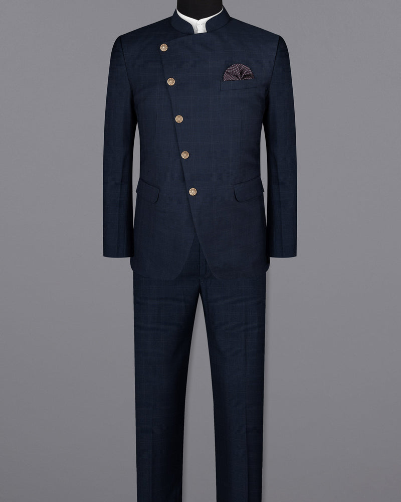 Cloud Burst Blue Super fine Subtle Checkered Woolrich Cross buttoned Bandhgala Suit ST1634-CBG-36, ST1634-CBG-38, ST1634-CBG-40, ST1634-CBG-42, ST1634-CBG-44, ST1634-CBG-46, ST1634-CBG-48, ST1634-CBG-50, ST1634-CBG-52, ST1634-CBG-54, ST1634-CBG-56, ST1634-CBG-58, ST1634-CBG-60