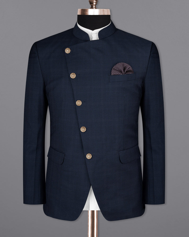 Cloud Burst Blue Super fine Subtle Checkered Woolrich Cross buttoned Bandhgala Suit ST1634-CBG-36, ST1634-CBG-38, ST1634-CBG-40, ST1634-CBG-42, ST1634-CBG-44, ST1634-CBG-46, ST1634-CBG-48, ST1634-CBG-50, ST1634-CBG-52, ST1634-CBG-54, ST1634-CBG-56, ST1634-CBG-58, ST1634-CBG-60