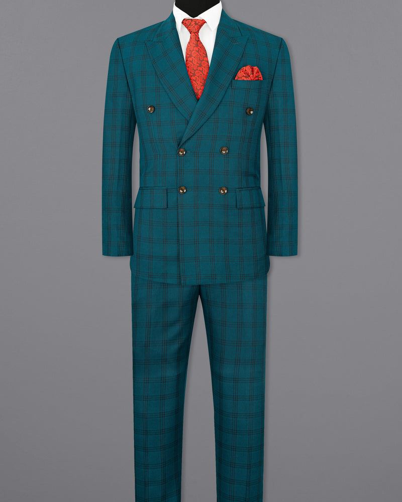 Deep Teal Plaid Double Breasted Suit