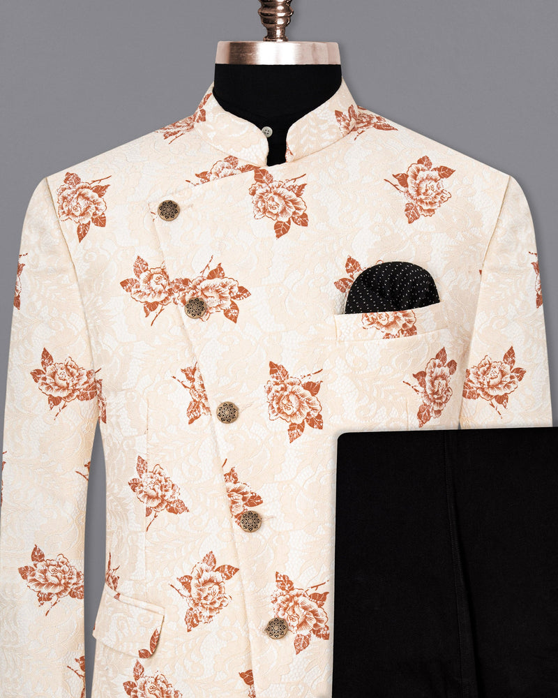 Pearl Bush Floral Printed and Textured Cross-Buttoned Bandhgala Suit