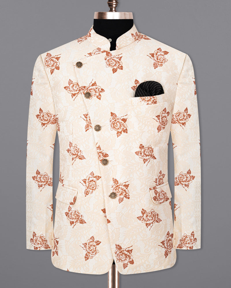 Pearl Bush Floral Printed and Textured Cross-Buttoned Bandhgala Suit