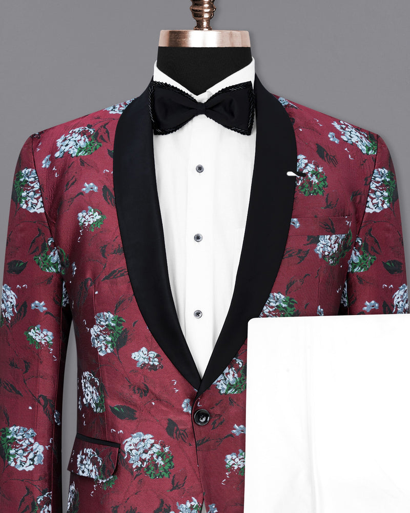 Aubergine Floral Printed and Textured Tuxedo Suit