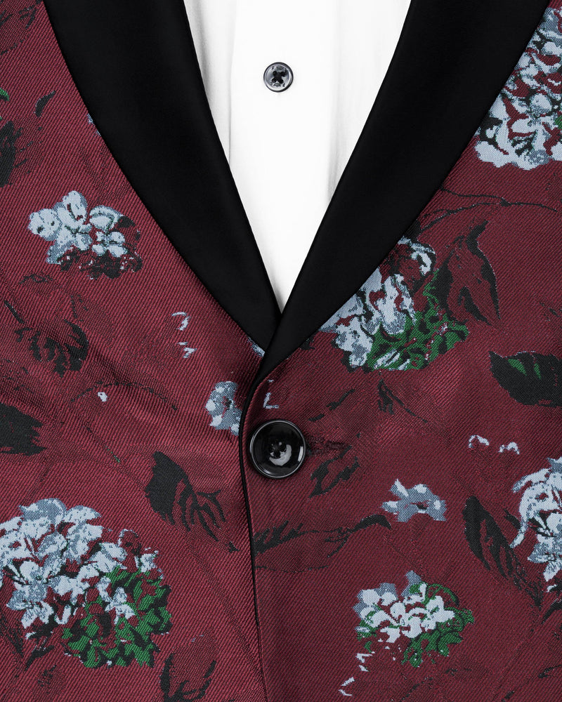 Aubergine Floral Printed and Textured Tuxedo Suit