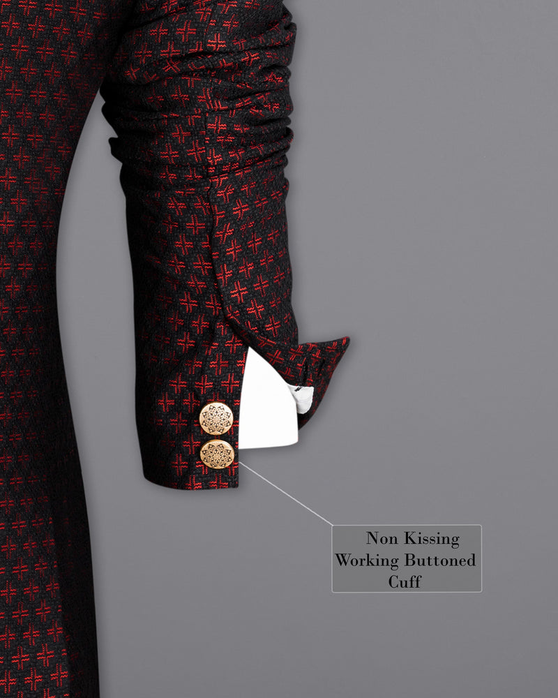 Claret Red and Jade Black Houndstooth Texture Cross Buttoned Bandhgala Suit