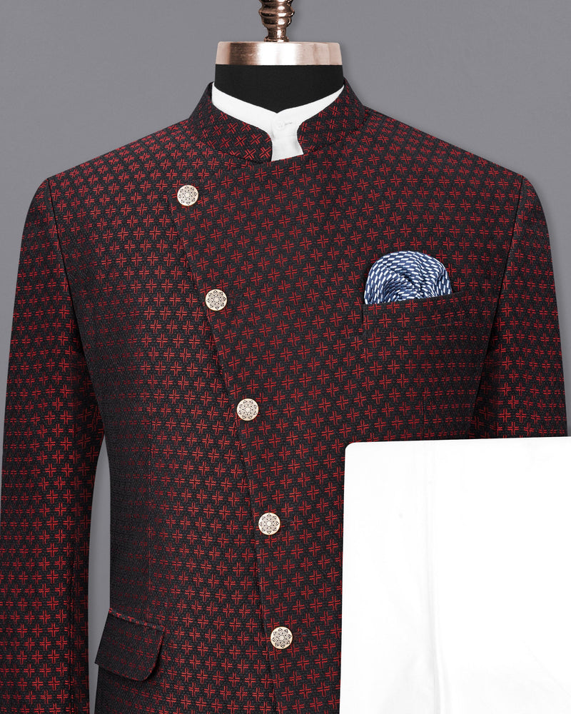 Claret Red and Jade Black Houndstooth Texture Cross Buttoned Bandhgala Suit