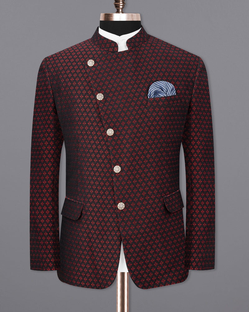 Claret Red and Jade Black Houndstooth Texture Cross Buttoned Bandhgala Suit