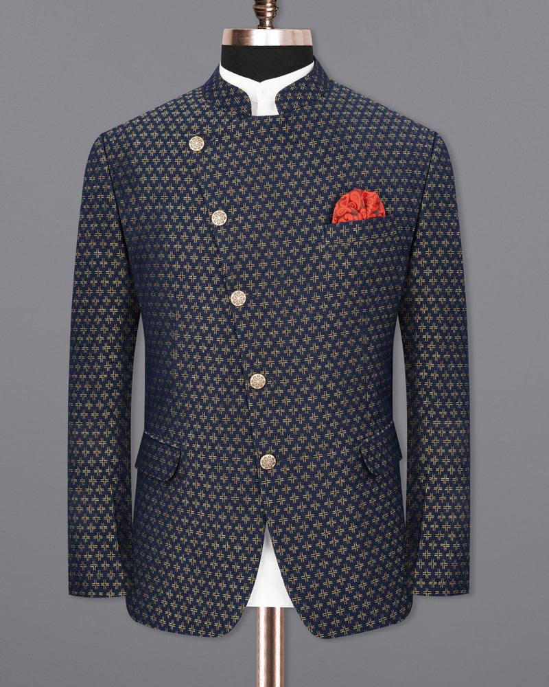Stratos Blue Houndstooth Texture Cross Buttoned Bandhgala Suit