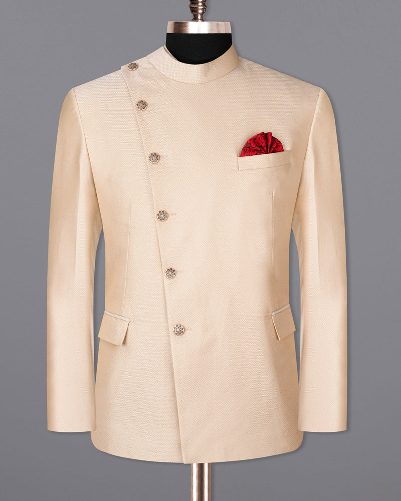 Cashmere Chevron Textured Cross Buttoned Bandhgala Designer Suit