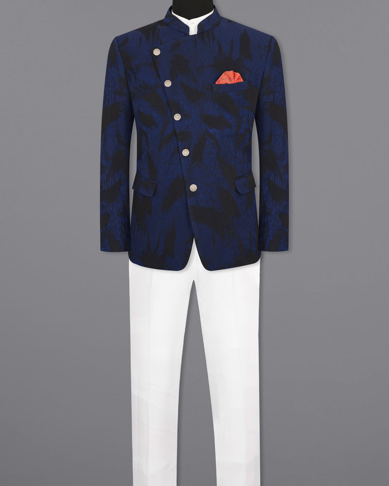 Deep Cove Blue Textured Cross Buttoned Bandhgala Suit