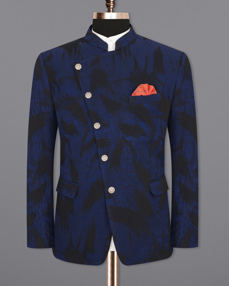 Deep Cove Blue Textured Cross Buttoned Bandhgala Suit