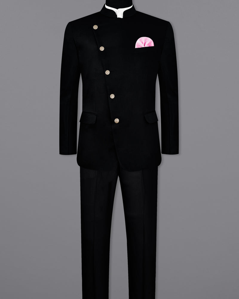 Jade Black Cross Buttoned Bandhgala/Mandarin Suit