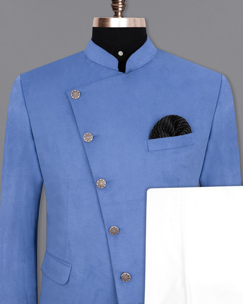 Mariner Blue velvet Cross Buttoned Bandhgala Designer Suit