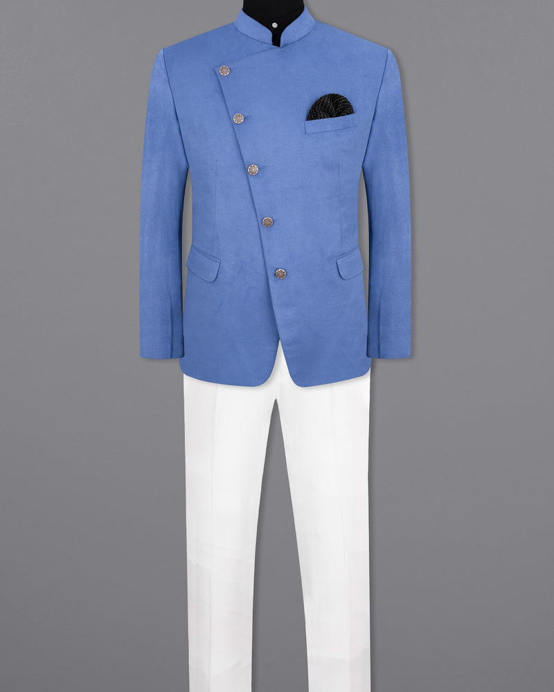 Mariner Blue velvet Cross Buttoned Bandhgala Designer Suit