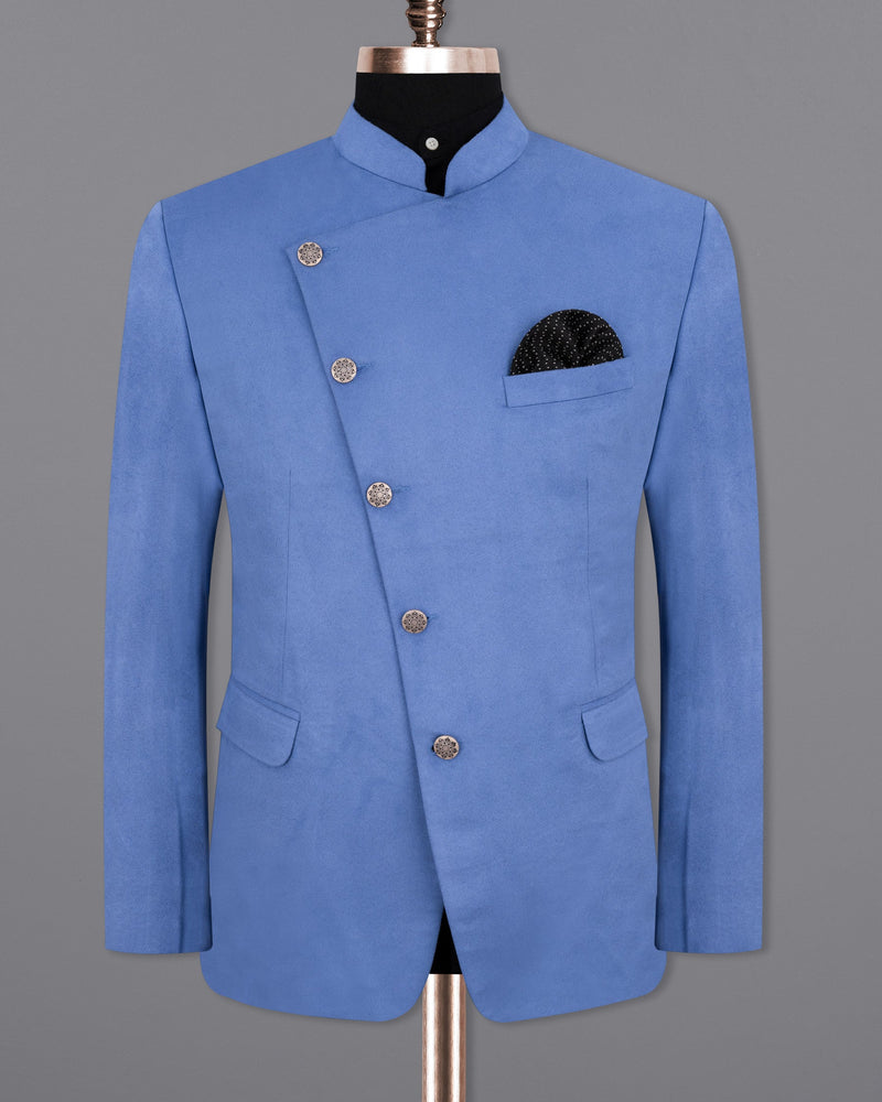 Mariner Blue velvet Cross Buttoned Bandhgala Designer Suit