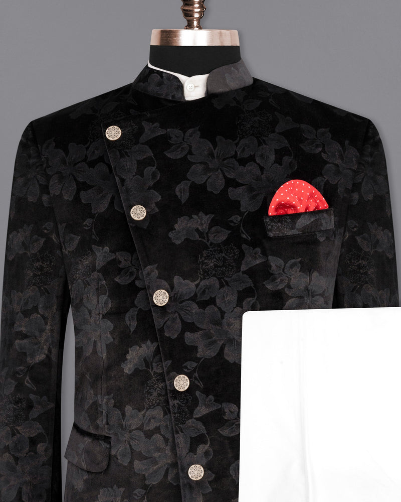 Jade Black Damask Inspired velvet Designed Cross-Buttoned Bandhgala Suit