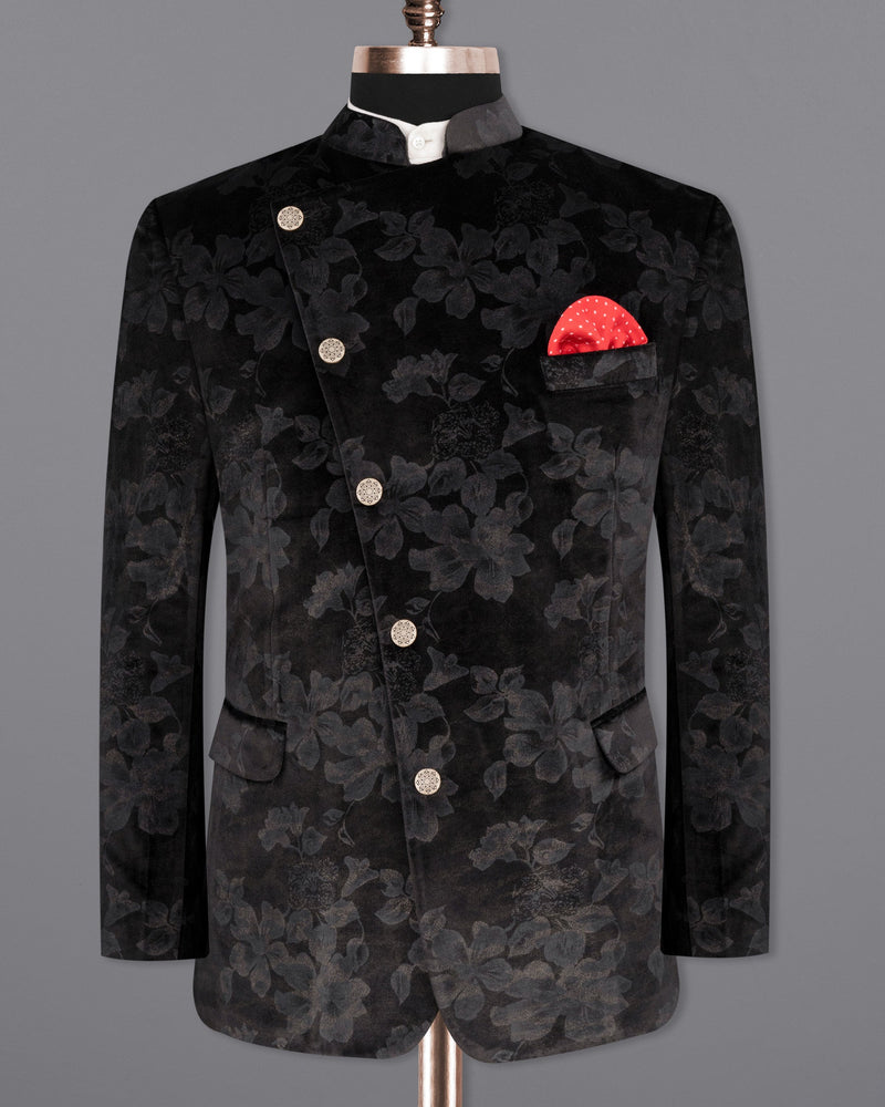 Jade Black Damask Inspired velvet Designed Cross-Buttoned Bandhgala Suit