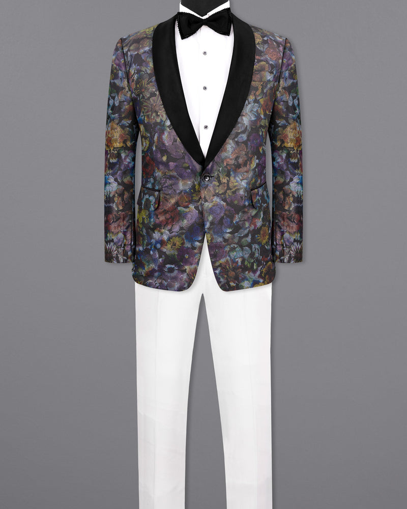 Onyx Black With Multicolour Retro Floral Designer Tuxedo Suit