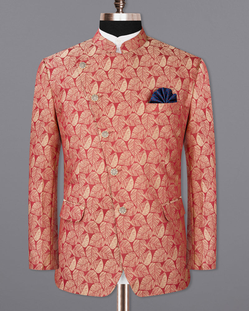 Chestnut Pink and Negroni Leaves Pattern Cross-Buttoned Bandhgala Designer Suit